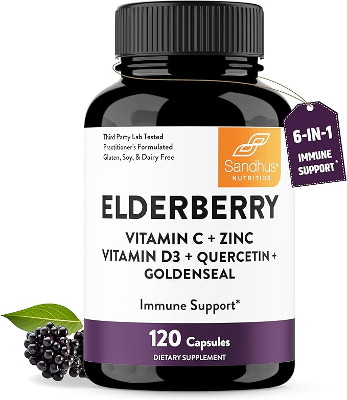 Sandhu's Elderberry Vitamin C Vitamin D3 Goldenseal with Zinc & Quercetin | Capsules for Men & Women | Supports Immune Health | 120 Count (Pack of 1)