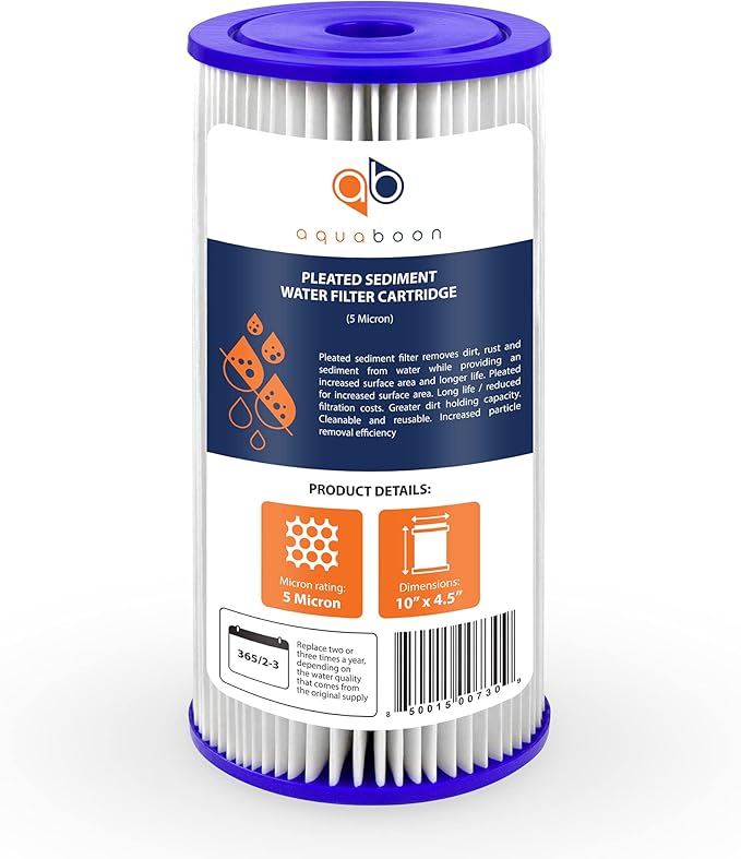 Aquaboon 5 Micron Pleated Sediment Water Filter 10 x 4.5 Cartridge - Whole House Water Filter Replacement - Whole House Water Filters Cartridges Compatible with Well Filters FXHSC, R50-BBSA, 10-Pack