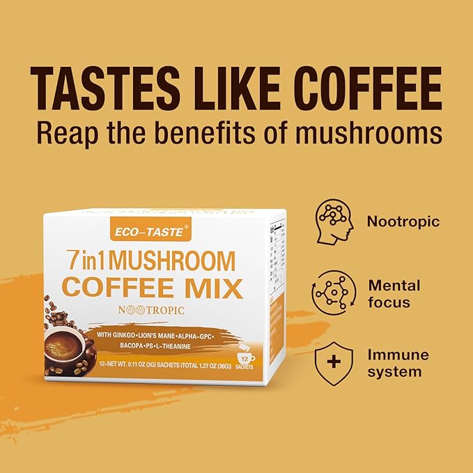 Mushroom Coffee Mix 7 in 1, with Ginkgo, Lions Mane, Alpha-GPC, Bacopa, PS, L-Theanine – 12 Sachets