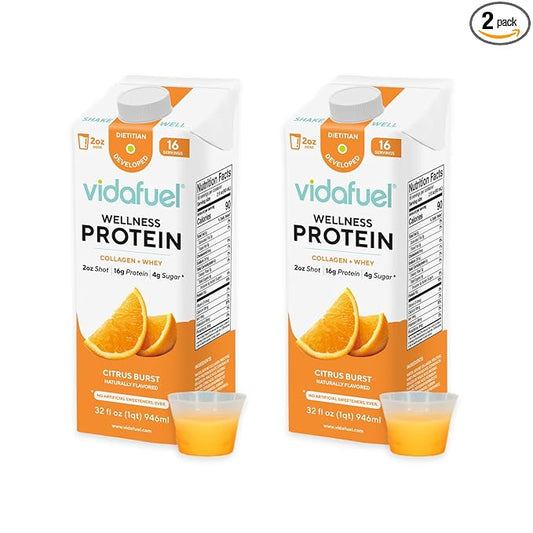 Protein Drink, 16g Protein per 2oz Shot, 32 fl oz Carton, 2 Pack, Citrus, Collagen and Whey Drink, No Artificial Sweeteners
