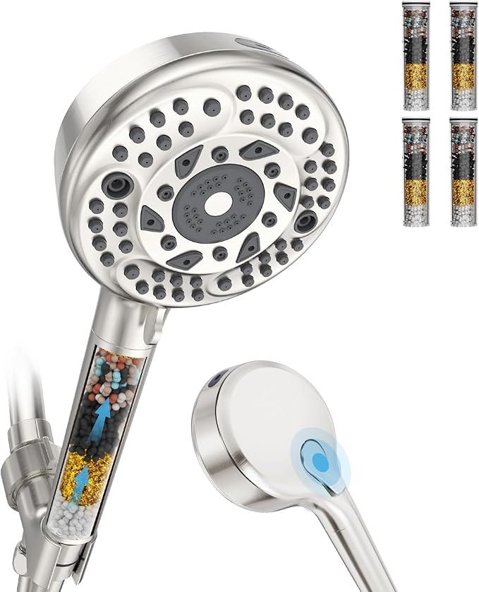 Filtered Shower Head with Handheld, 9 Spray Mode High Pressure Shower Head with 4 Filters, Hard Water Filter Showerhead - Remove Chlorine, Brushed Nickel
