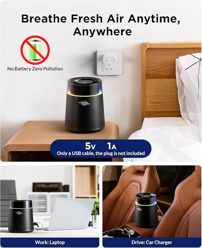 MSB5 Air Purifiers for Bedroom, H13 True HEPA Air Purifier for Home Room Office, 20dB Quiet Air Cleaner with Sleep Mode Colorful Night Light for Pets Dander Pollen Mold (Black)