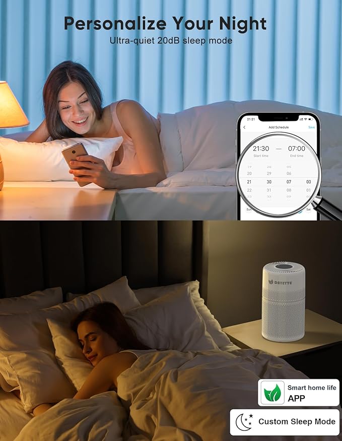 Air Purifiers for Bedroom with 7 Color Light, DAYETTE Smart Wifi H13 Air Purifier for Home Large Room Up to 1500 Ft², APP Control & 20 dB Sleep Mode for Dust Pollen Dander Smoke