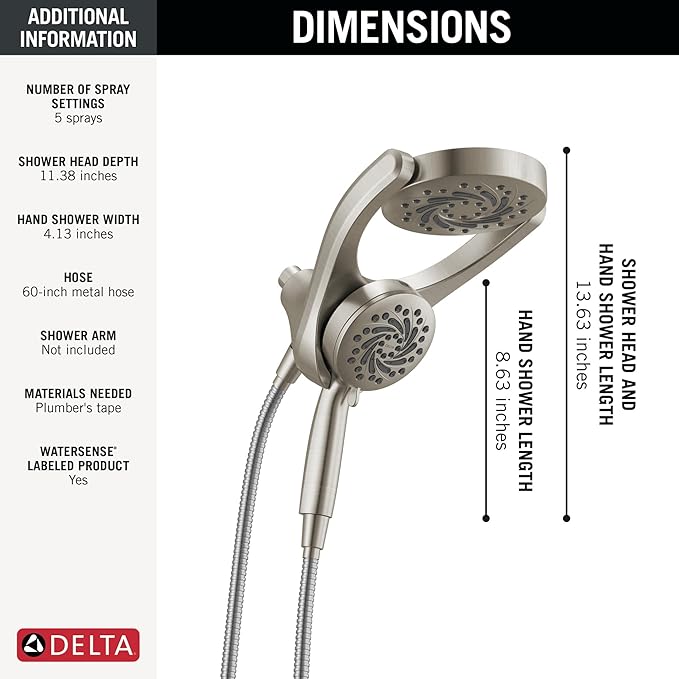 Delta 5-Setting HydroRain 2-in-1 Dual Shower Head with ProClean Spray, Brushed Nickel High Pressure Shower Head with Handheld Spray, 1.75 GPM Flow Rate, Satin Nickel 75419SN