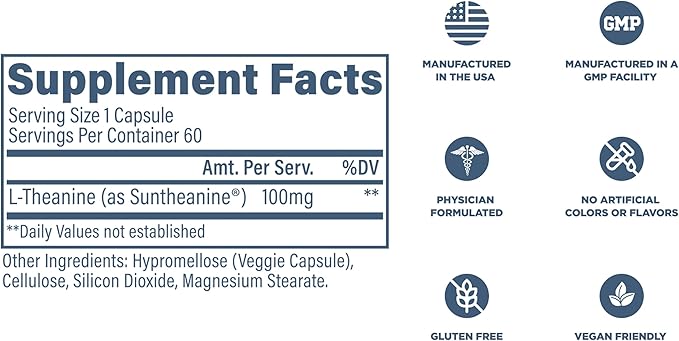 Revive MD Suntheanine L-Theanine Supplement for Men and Women - Supports Fatigue & Brain Function for Calm Mood, Mental Clarity, Focus & Relaxation - Vegan & Gluten-Free - 60 Vegetarian Capsules