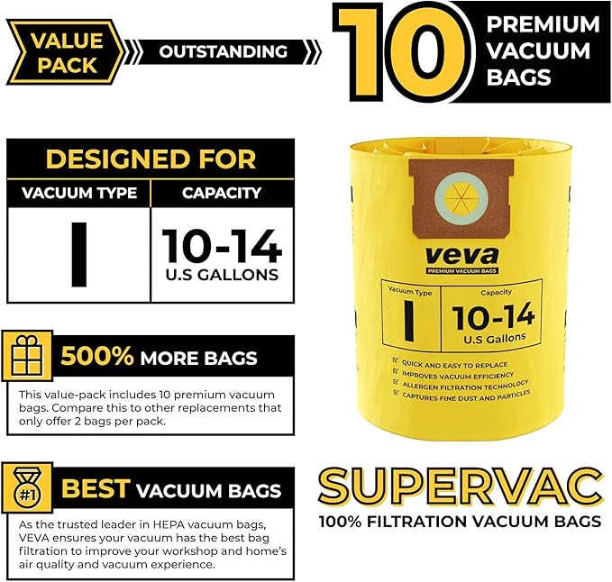 10 Pack, 10-14 Gallon Filter Bags for Shop Vac Vacuum - Type I 90672 - High-Efficiency Vacuum Bags