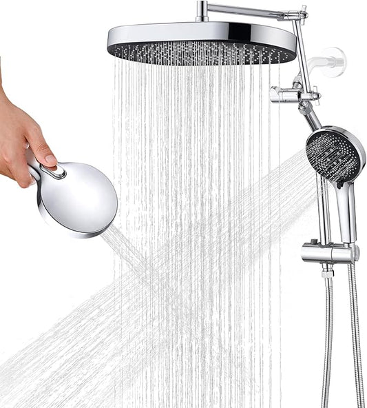 14" x 8" Rectangle High Pressure Rainfall Shower Head with Handheld Combo, 6 Setting Handheld Shower Head, Adjustable Height Shower Extension Arm and Slide Bar for Easy Reach - Chrome