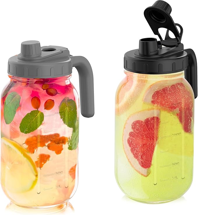 2 Pack 64oz Glass Mason Jar Pitchers with Wide Mouth & Measurement Marks – Leak-Proof Twist Lids for Cold Drinks, Iced Tea, Lemonade, and Juice