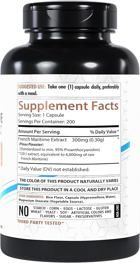 French Maritime Pine Bark Extract 6000mg | 200 Vegan Capsules | 95% Proanthocyanidins | Non-GMO | Gluten-Free | Made in The USA