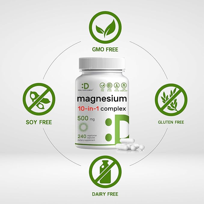 Magnesium Complex 500mg, 240 Veggie Capsules | 10-in-1 Glycinate, Citrate, Malate, & More | 100% Chelated for Easy Absorption | Essential Mineral Supplement for Muscle, Sleep, & Heart Health