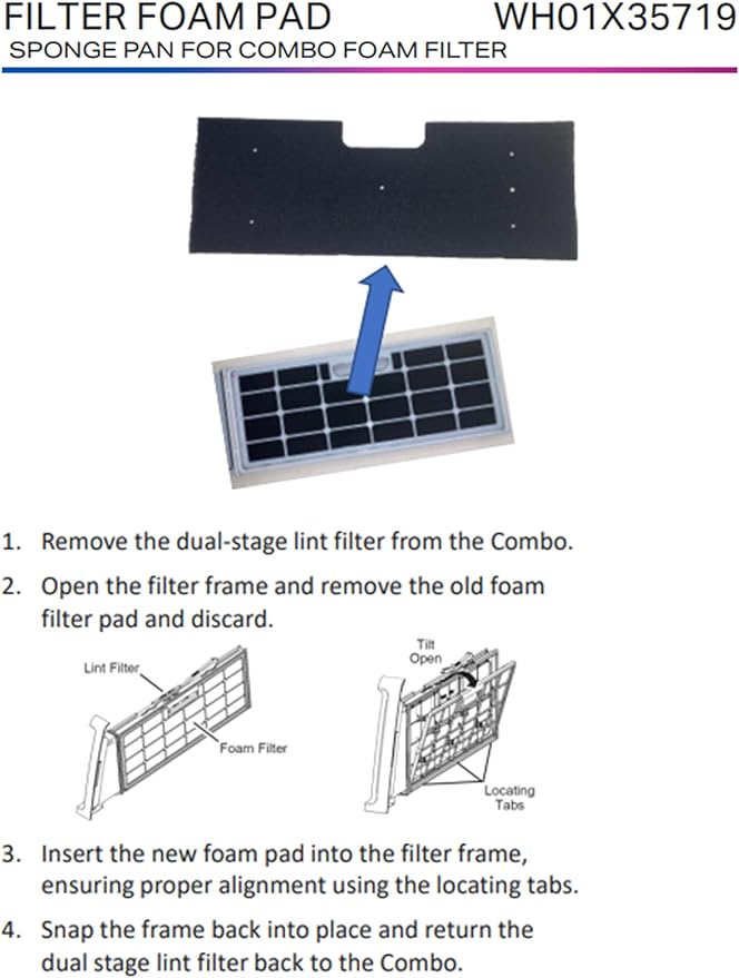 GE Washer Dryer Combo, WH01X35719 Dryer Lint Filter replacement, 2025 New Lint Filter for Ge Washer Dryer Filter Sponge, Hand Washable and Reusable, Models: PFQ97HSPVDS (Only 4 pcs)