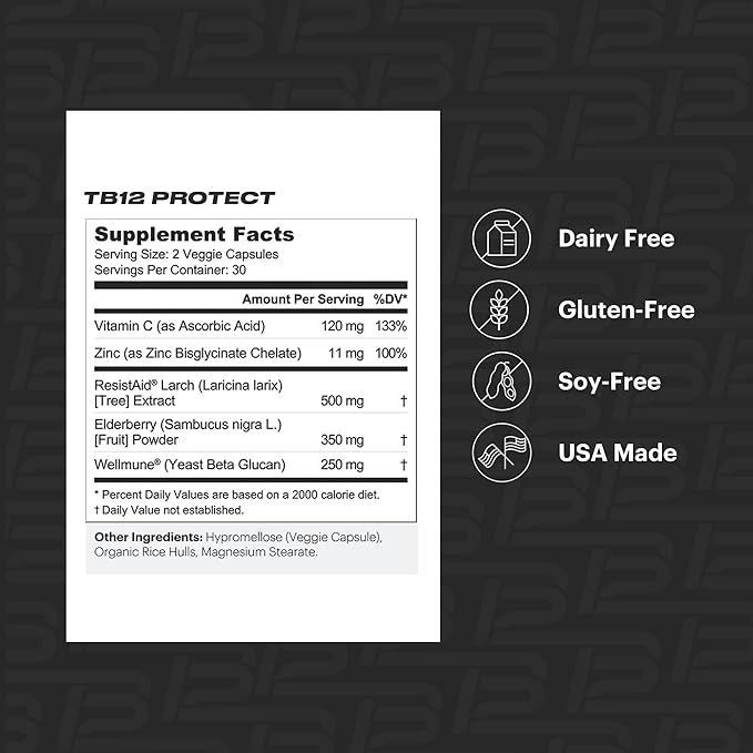 TB12 Protect - Premium 5 in 1 Immune Support Supplement with Zinc, Vitamin C, Beta Glucan, Larch Tree Extract, and Elderberry to Provide Daily Support to Immune System and Boost Energy Levels