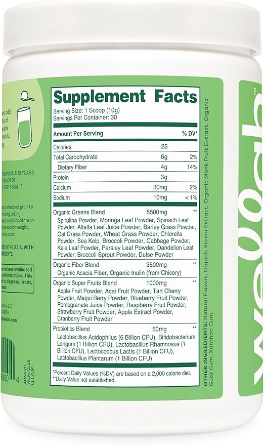 Wellah Leaf, Laugh, Love Super Greens Powder (Unflavored) 30 Servings - Superfood Supplement Drink Mix