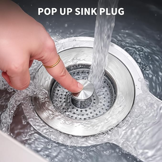 3-in-1 Kitchen Sink Drain Strainer Stopper – 304 Stainless Steel Pop Up Sink Plug with Filter Basket, Anti-Clog Design, Fits 3-1/2” US Standard Kitchen Sink Drains