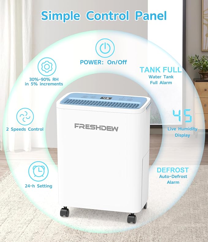 FRESHDEW Dehumidifier, 30 Pints Dehumidifiers for Home, 1500 Sq. Ft Dehumidifiers with Drain Hose, 0.52 Gallon Water Tank for Basement Bathroom Bedroom, Overflow Protection, 24H Timer (1500 Sq.ft)