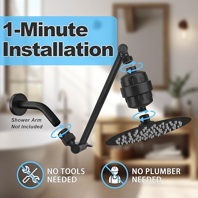 Metal 8-Inch Rainfall Filtered Shower Head for Hard Water with 9" Shower Extension Arm, High-Pressure Rain Shower Head with 20 Stage Filter - Removes Chlorine for Hair and Skin