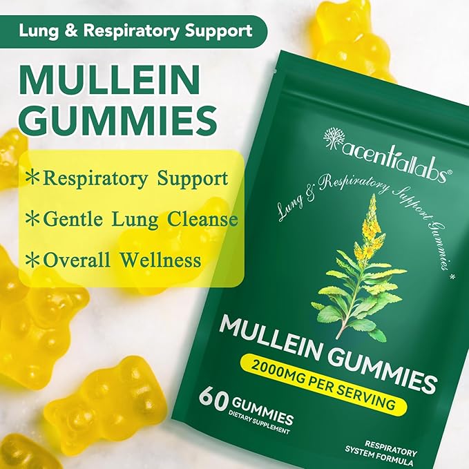 Mullein Gummies for Lung Detox, Mullein Herbal Supplement, 2000mg Mullein Leaf Extract for Respiratory & Digestive & Immune Support - 60 Gummies