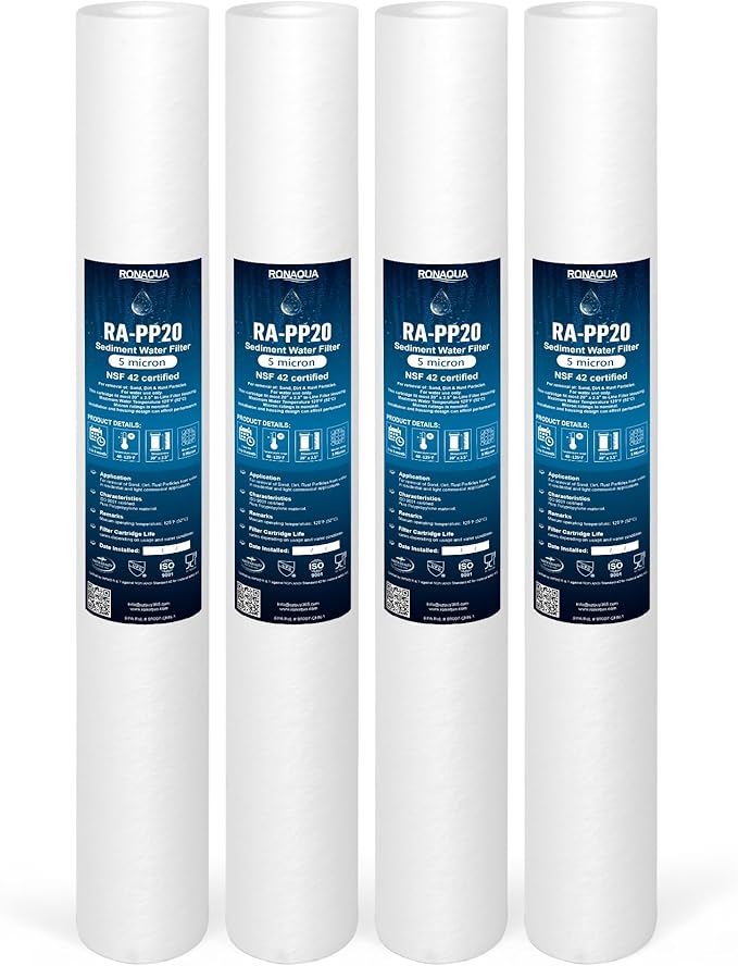 Ronaqua 5 Micron Standard 20" x 2.5" Sediment Water Filter Cartridge, NSF Certified, 4-Layer Filtration for 20” x 2.5” Whole House Systems, Compatible with FPMB5-20, SDC-25-2005/4, VX05-20, 4 Pack