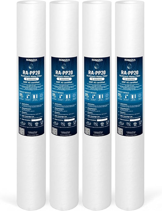 Ronaqua 5 Micron Standard 20" x 2.5" Sediment Water Filter Cartridge, NSF Certified, 4-Layer Filtration for 20” x 2.5” Whole House Systems, Compatible with FPMB5-20, SDC-25-2005/4, VX05-20, 4 Pack