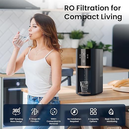 Countertop Reverse Osmosis Water Filter System, 5-Stage RO Filtration with UV, 4:1 Pure to Drain, Innovative 360° Swivel Base, Portable No Installation Water Purifier with 4 Capacity