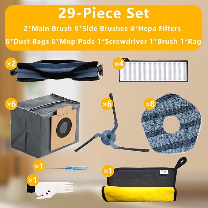 Yivy 29 Pack Accessories Kit Replacement Parts Compatible with Eufy X10 Pro Omni Robotic Vacuum Cleaner,2 Main Brushes,6 Sweeping Brushes,4 HEPA Filters,6 Vacuum Bags,8 Mop Pads,etc.