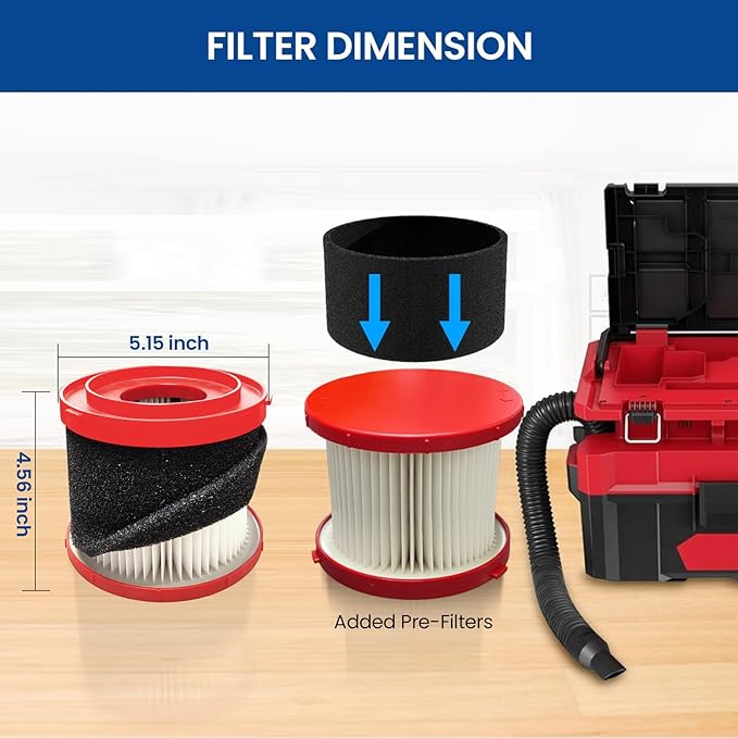 2 Pack 49-90-1900 Replacement HEPA Filter Compatible with Milwaukee Cordless M18 Vacuum 0780-20 0880-20, with 6 Foam Sleeve Filters 1 Brush