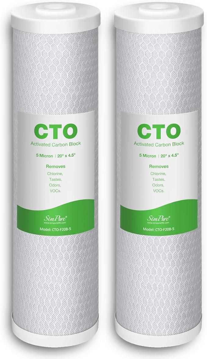 SimPure 20 x 4.5 inch 5 Micron Big Whole House Water Filter | CTO Activated Carbon Filter Replacement Cartridge Coconut shell Charcoal Filter | Matches DB20P, FC25B, CTO20BB (2 Pack)