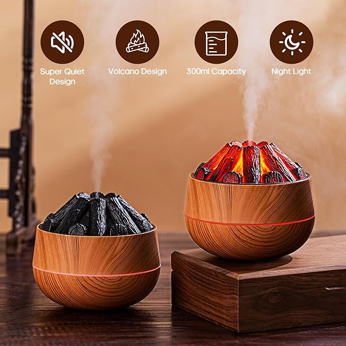 Flame Essential Diffuser Bonfire Humidifier 300ml Ultra-Quiet Auto-Off Aromatherapy Diffuser Campfire Flame Fire Diffuser for Home, Office or Gym - Wood Grain