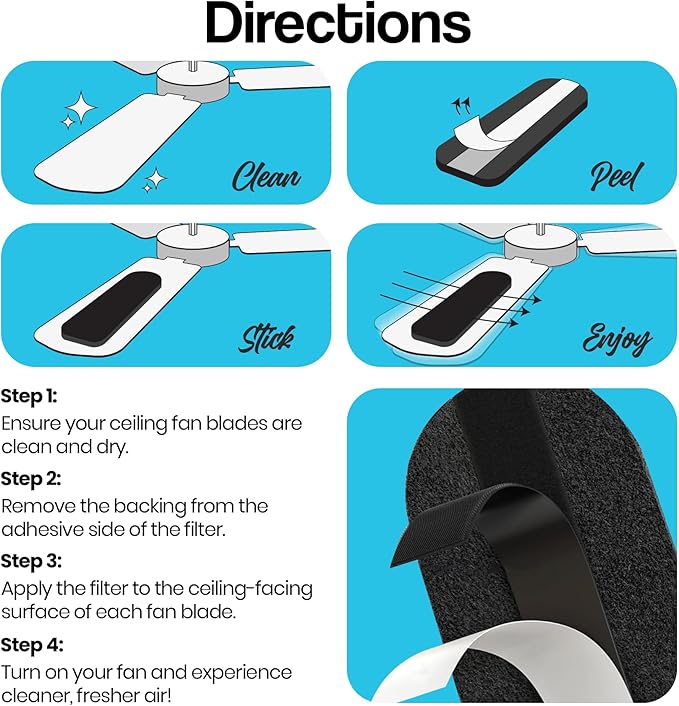 Ceiling Fan Filters for Blades - 3 Pcs Activated Coconut Shell Carbon Ceiling Fan Air Purifier Pads - Adhesive Fans Filter - Dust Catcher Fans Blade Air Purifier Pads - Fresh Natural Air