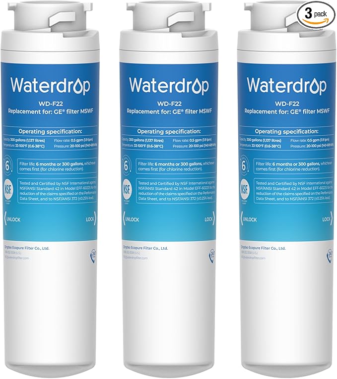 Waterdrop MSWF Refrigerator Water Filter, Replacement for GE® MSWF, 101820A, 101821B, RWF1500A, NSF 42&372 Certified, Pack of 3
