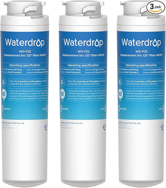 Waterdrop MSWF Refrigerator Water Filter, Replacement for GE® MSWF, 101820A, 101821B, RWF1500A, NSF 42&372 Certified, Pack of 3