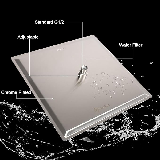 HarJue Shower Head with Extension Arm, High Pressure Square with ShowerArm, Stainless Steel Rainfall-Waterfall Full Body Coverage (10'' Shower with 16'' Arm, Brushed Nickel)