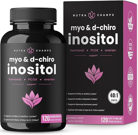 NutraChamps Inositol Supplement - 120 Vegan Myo-Inositol & D-Chiro Inositol Capsules - 40:1 Ideal Ratio PCOS Supplements for Hormone Balance - Ovarian Support Vitamins for Women