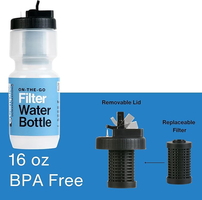 Campbell Ultrafiltration+ Water Filter Bottle - 16 fl. oz., Purification On the Go, Reusable, BPA-Free, Dishwasher Safe, Assembled in USA - Essential for Clean Hydration Anywhere