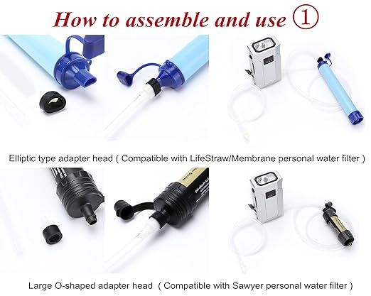 Mini Emergency Water Pump (1000ml/min) Compatible with Membrane Sawyer LifeStraw Personal Water Filter for Hiking, Built-in 2000mAh Power Bank, 3-Speed Adjustable Flashlight & SOS Signal Light, IPX3