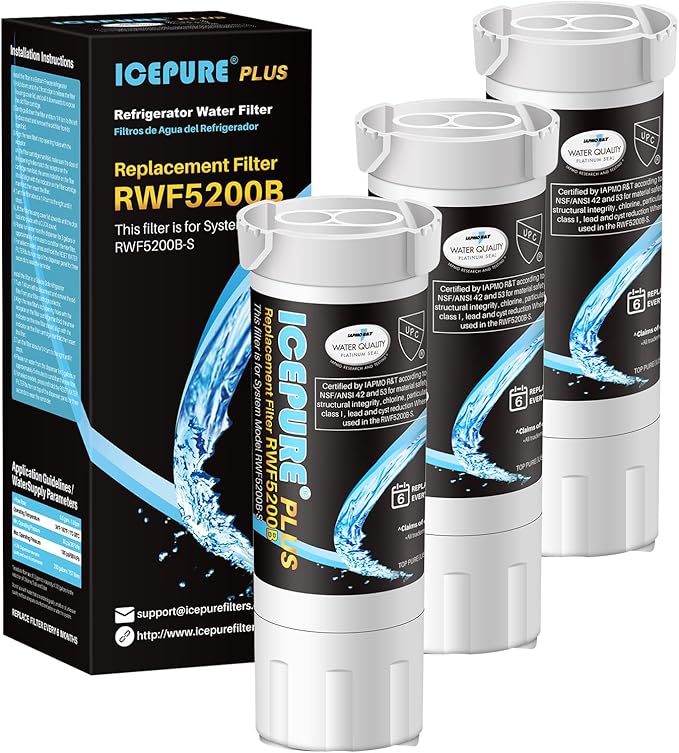 ICEPURE PLUS RWF5200B NSF/ANSI 53 Certified Refrigerator Water Filter Replacement for GE XWF(Not XWFE) GBE21 GDE21 GDE25 GFE24 GFE26 GNE21 GNE25 GNE27, 3PACK