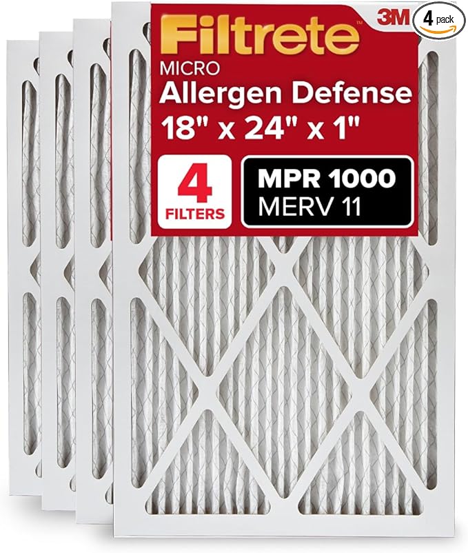 Filtrete 18x24x1 AC Furnace Air Filter, MERV 11, MPR 1000, Micro Allergen Defense, 3-Month Pleated 1-Inch Electrostatic Air Cleaning Filter, 4 Pack (Actual Size 17.81x23.81x0.81 in)