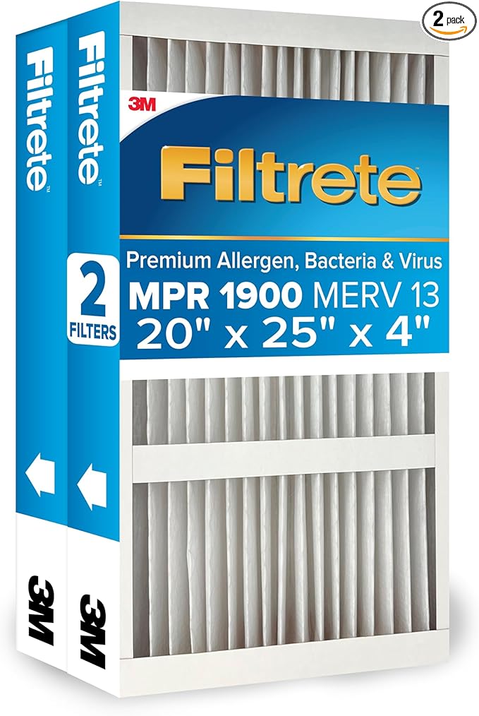 Filtrete 20x25x4 AC Furnace Air Filter, MERV 13, MPR 1900, Premium Allergen, Bacteria & Virus Filter, Electrostatic Air Cleaning Filter, 2-Pack (Actual Size 19.75 x 24.62 x 4.31 in)