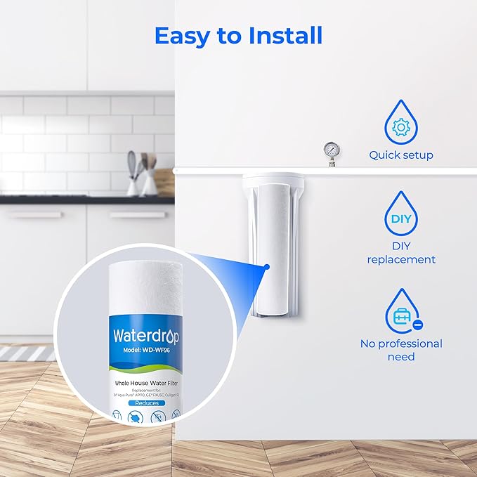 Waterdrop 5 Micron 10" x 2.5" Whole House Water Filter Replacement Cartridge, Sediment Water Filter Replacement for Any 10 inch RO Unit, Aqua-Pure® AP110, Culligan® P5, WHKF-GD05, 4 Pack