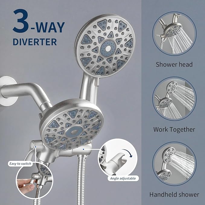 Shower Faucet Set Complete Shower Kit Dual Shower Head and Handheld 2 in 1 Combo Set Shower System Shower Trim Kit Combo Set Shower Fixtures, Brushed Nickel