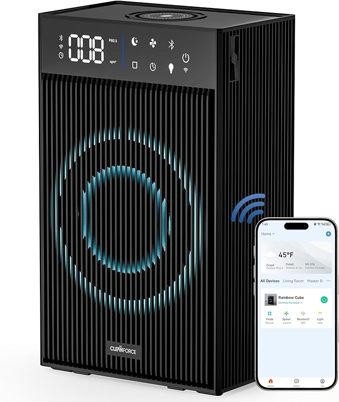 CleanForce Cube | World’s First 4-in-1 Smart Home Devices with HEPA Air Purifier, Bluetooth Speaker, Wireless Charger & Aroma Diffuser, over 900ft² Coverage | Ultra Quiet | Space saving | Swiss Tech
