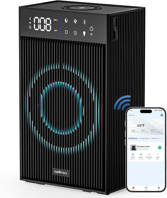 CleanForce Cube | World’s First 4-in-1 Smart Home Devices with HEPA Air Purifier, Bluetooth Speaker, Wireless Charger & Aroma Diffuser, over 900ft² Coverage | Ultra Quiet | Space saving | Swiss Tech