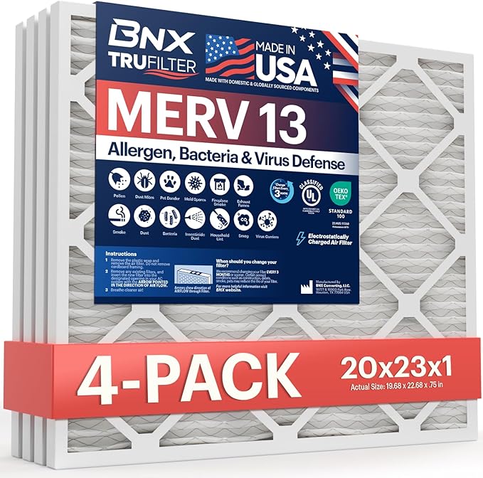 BNX TruFilter 20x23x1 Air Filter MERV 13 (4-Pack) - MADE IN USA - Electrostatic Pleated Air Conditioner HVAC AC Furnace Filters for Allergies, Pollen, Mold, Bacteria, Smoke, Allergen, MPR 1900 FPR 10