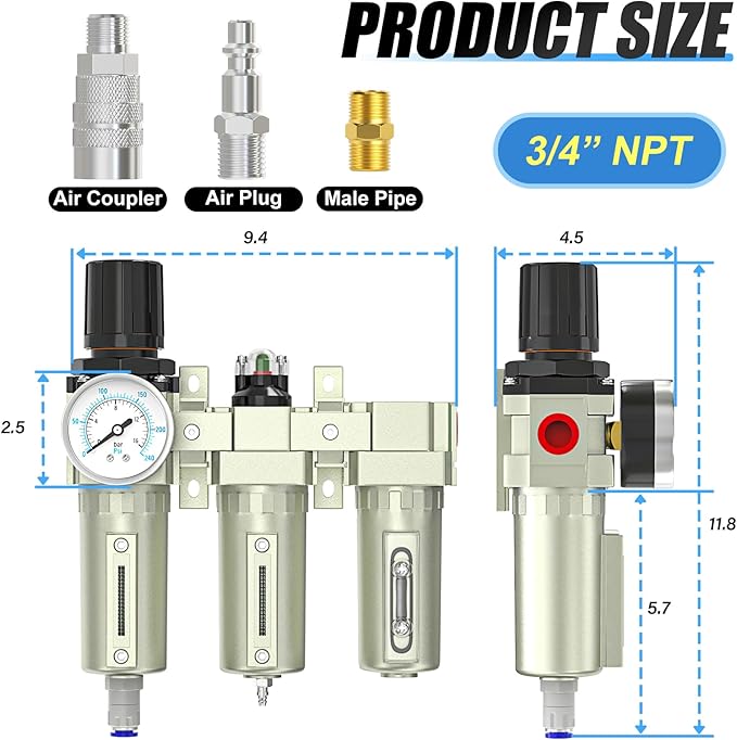 3/4" NPT Heavy Duty Industrial Grade 3 Stage Air Drying System, Auto Drain, Coalescing Filter, Particulate Filter, Desiccant Dryer and Air Regulator For Plasma Cutter and Paint Spray