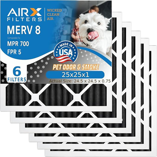 AIRx Filters WICKED CLEAN AIR 25x25x1 Carbon Air Filter Odor Eliminator MERV 8 AC HVAC Furnace Filters 6 Pack