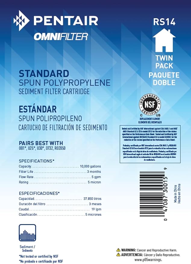 Pentair OMNIFilter RS14 Sediment Water Filter, 10-Inch, Standard Whole House Polypropylene Spun Sediment Replacement Filter Cartridge, 10" x 2.5", 10 Micron, Pack of 2