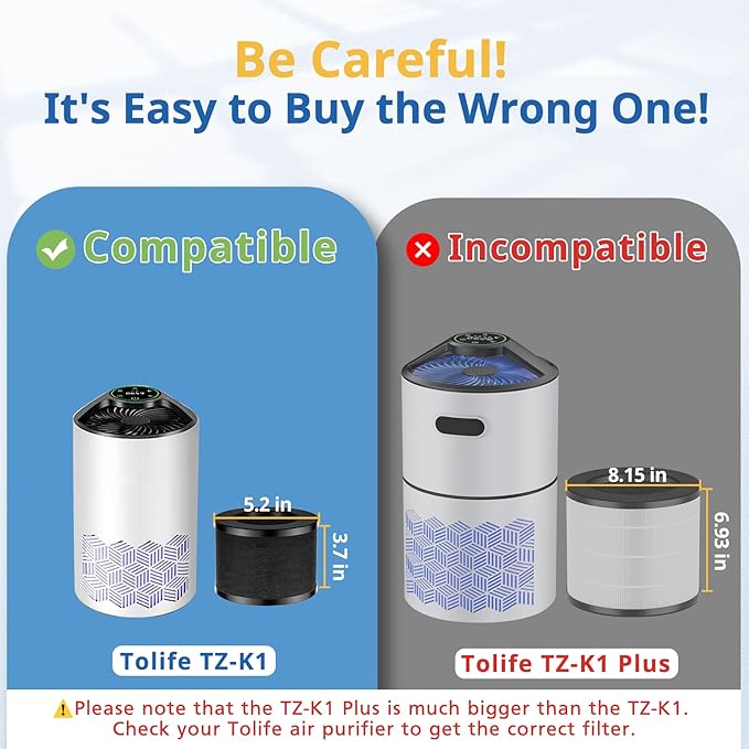 2 Pack TZ-K1 Replacement Filter Compatible with ToLife TZ-K1 Air Puri-fier, MK01 MK06 and FreAire KN6391 Air Purifiers, 3-in-1 HEPA High-Efficiency Activated Carbon Filter, 360° Rotating Filter