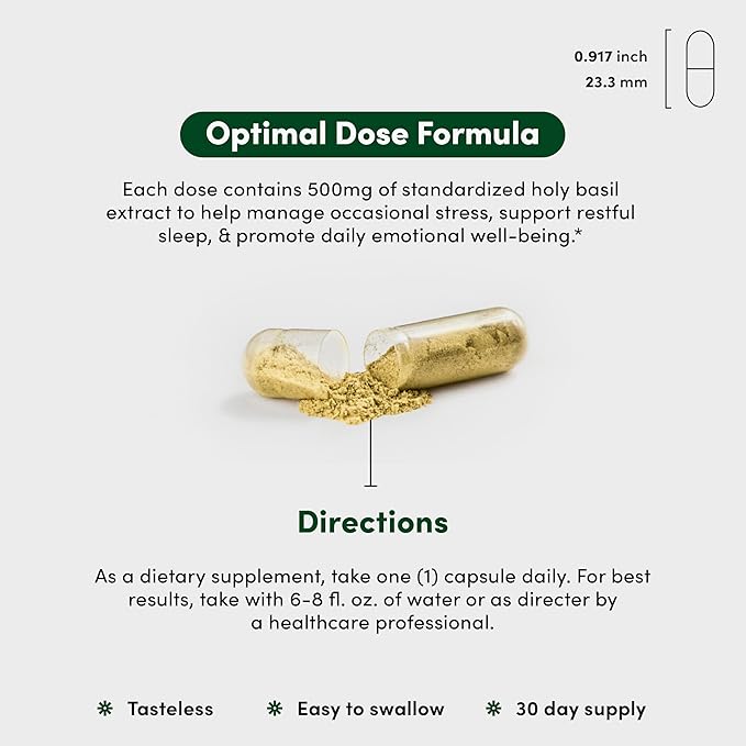 Holy Basil 500 mg - Mood & Relaxation Support - Tulsi Supplements for Women & Men - Vegan, Gluten Free, Dairy Free, Soy Free Non-GMO - 30 Capsules