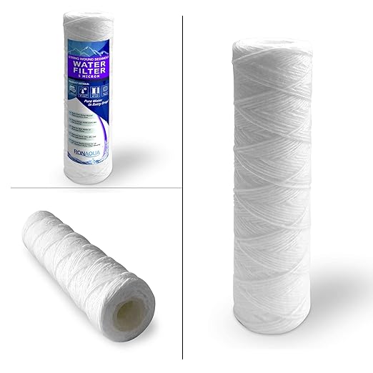 10 Inches Transparent Standard Whole House Water Filter System with Presser Relief Valve, 3/4” Inlet/Outlet Brass Port and Yearly Supply (4) Wound Spring Sediment Cartridges 5 Micron