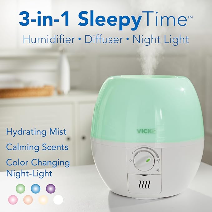 Vicks 3-in-1 SleepyTime Humidifier, No. 1 Brand Recommended by Pediatricians*. Cool Mist Humidifier with Night-Light, and Essential Oil Diffuser for Baby and Kids rooms. Visible Cool Mist, White.